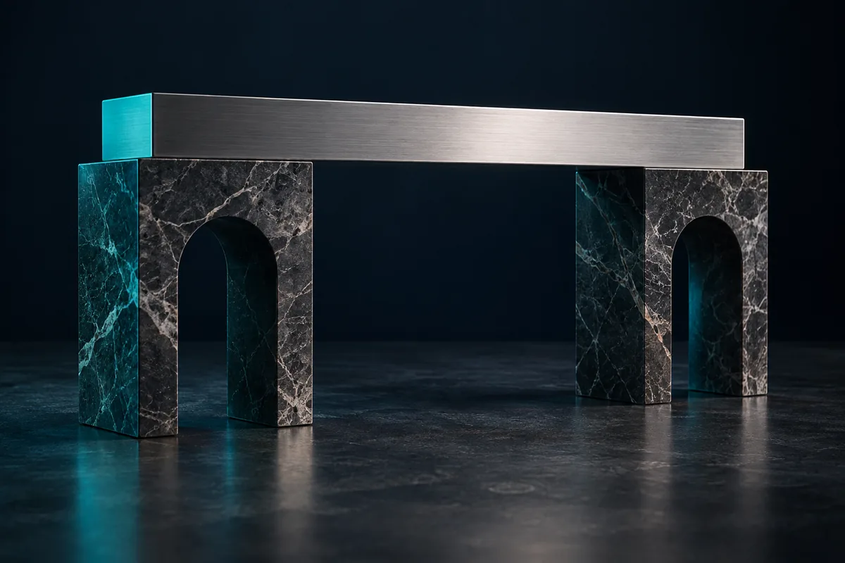Illustrative architectural model with stone arches and a brushed silver support beam