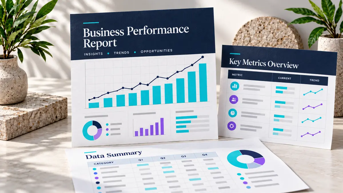 Business data reporting workspace with spreadsheets and dashboard charts