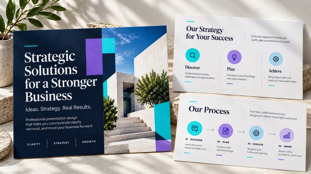 Business presentation design workspace with professional slide layouts