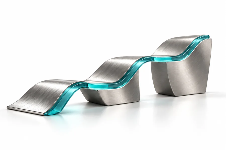 Three-stage brushed silver pathway connected by turquoise glass