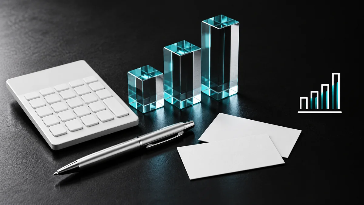 Cyan glass columns, white calculator and silver pen beside a business reporting icon on a dark surface