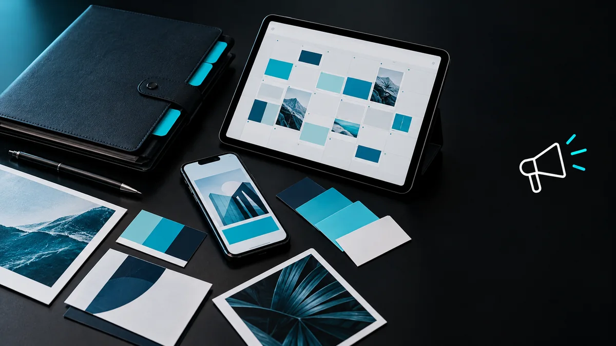 Cyan campaign planner, editorial calendar tablet and promotional phone layout with a marketing megaphone icon