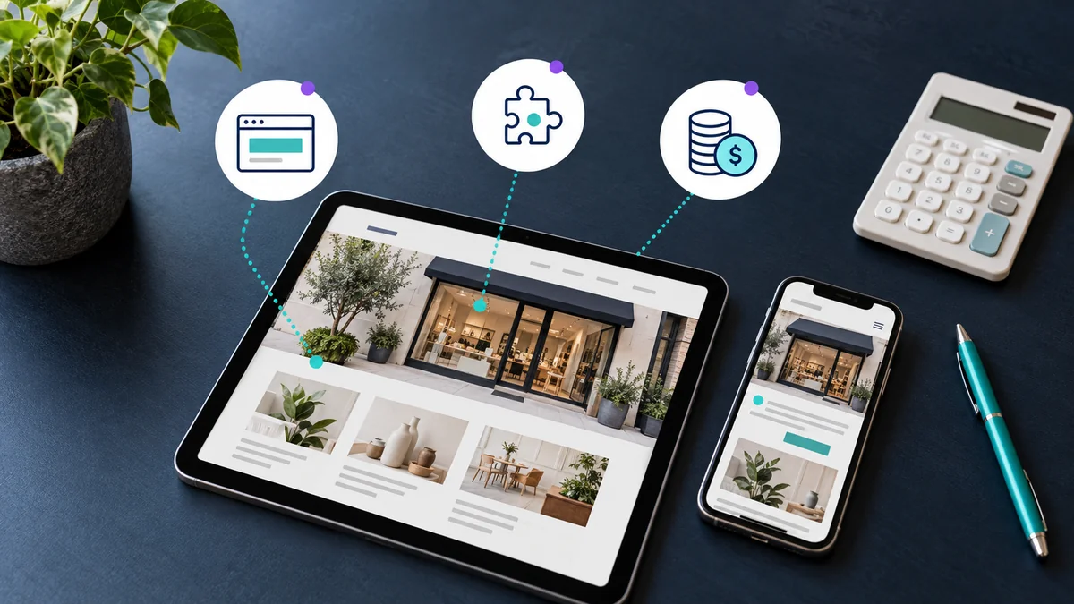 Website planning scene with tablet and phone previews, calculator, browser, plugin and cost icons