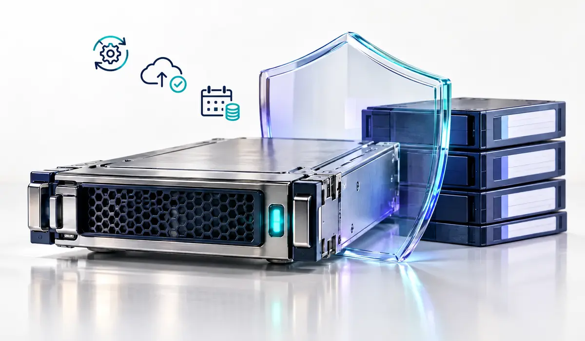 Silver server and glass shield with update, cloud backup and monthly maintenance cost icons