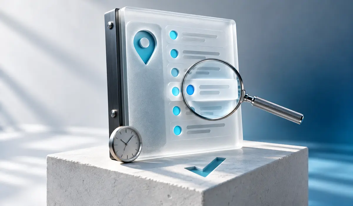 Frosted citation report with a magnifying lens, cyan location marker, clock and recessed checkmark